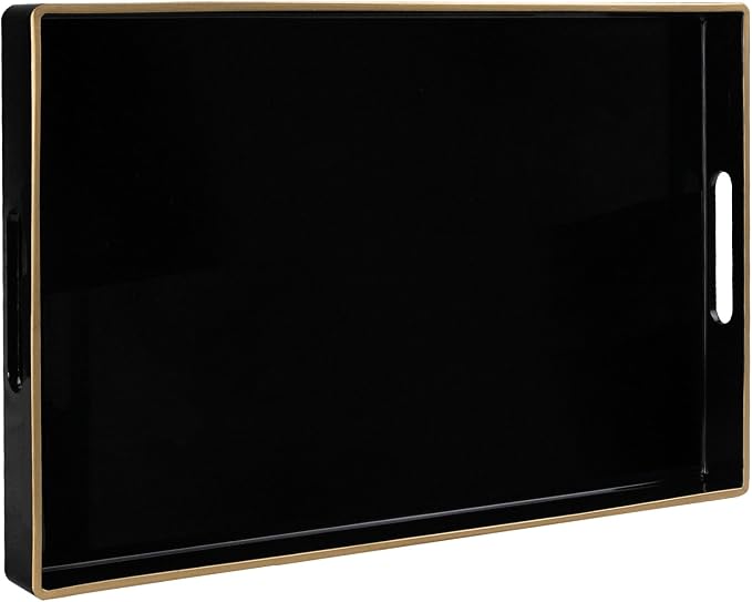 MAONAME Black Decorative Tray for Coffee Table, Serving Tray with Handles | Plastic Melamine Tray, Modern Ottoman Tray, Rectangular Countertop Organizer Tray for Living Room, 15.8"L x 10.2"W x 1.4"H by MAONAME