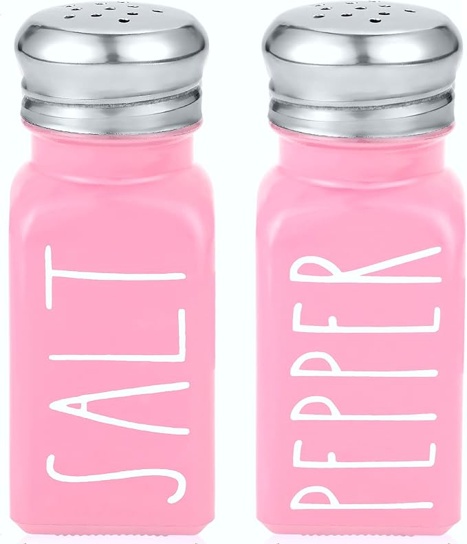Pink Salt and Pepper Shakers Set by Brighter Barns - Modern Kitchen Decor and Accessories - Cute Glass Shakers - Vintage Decor for Home, Restaurants, Housewarming Gifts & Stainless Steel Lids (Pink) by BrighterBarns