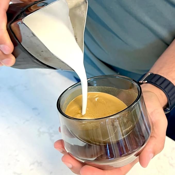 KRUVE IMAGINE Dark Coffee Cups - Handcrafted Double-Wall Glass Cups (Set of Two, 8.5oz/250ml) - Perfect for Latte Art and Espresso - Durable Borosilicate Glass - Ideal Gift for Coffee Mugs Lovers