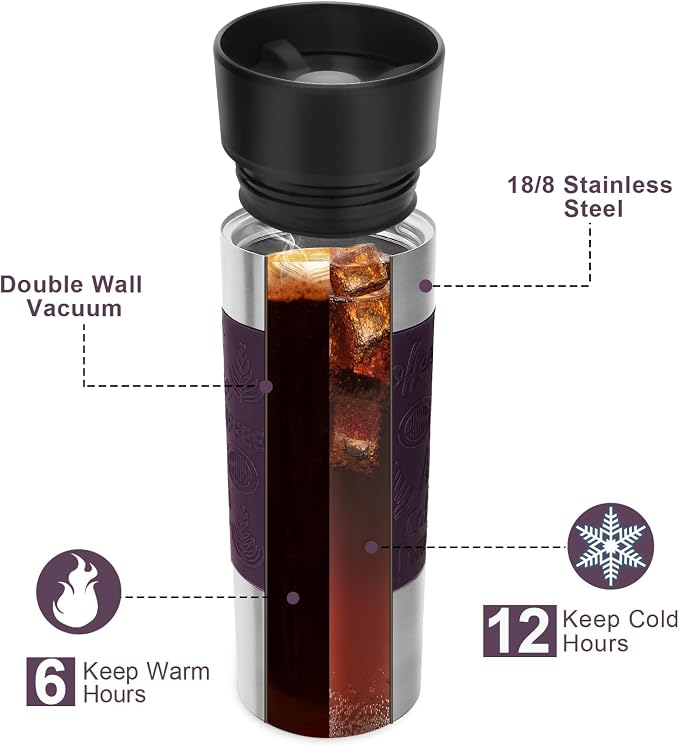 Travel Coffee Mug with 360°Lid, Travel Coffee Tumbler 16 oz Leak Proof, Stainless Steel Insulated Travel Mugs for Hot and Cold Spill Proof Leak Proof (Purple) - Image 6
