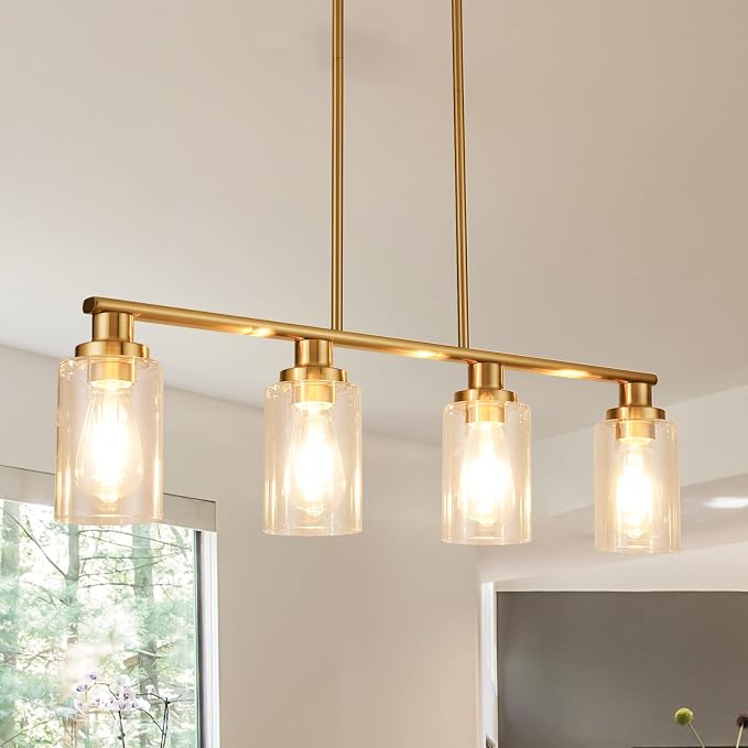 Kitchen Island Lighting, 4-Light Dining Room Light Fixtures Over Table,Gold Linear Chandelier for Dining Room Hanging,Pendant Lights Kitchen Island with Clear Glass Shade by KPIOK