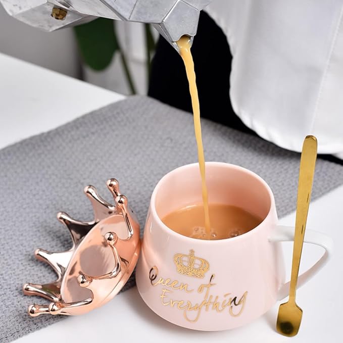 Arawat Pink Queen of Everything Mug with Lid Cute Pink Cup with Crown 12 oz Tea Coffee Mugs Gift with Spoon & Coaster Ceramic Cups Birthday Gifts for Women Girls Friend Valentine's Day Gifts for Women - Image 4