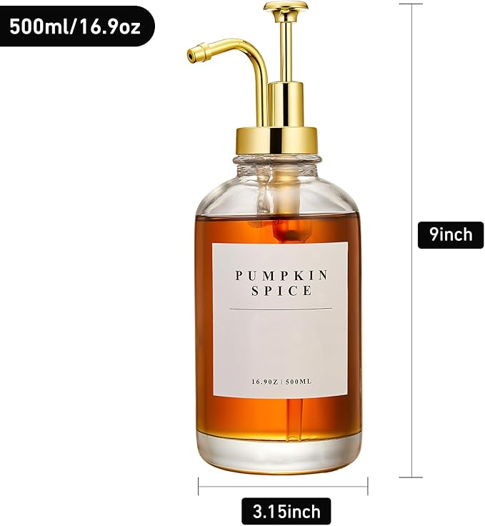 Coffee Syrup Dispenser for Coffee Bar, Coffee Syrup Pump Dispenser, Glass Syrup Bottle with Gold Upgraded Pump, 4 Pack 16.9 oz 500 ml Syrup Dispensers, 28 Labels and Large Bamboo Tray