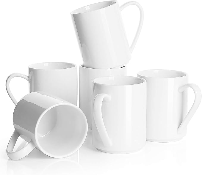 Sweese White Coffee Mug, Porcelain 11 Oz Coffee Mugs Set of 6, Ceramic Coffee Cups with Handle for Coffee, Tea, Cocoa, Cappuccino, Latte and Mulled Drinks by Sweese