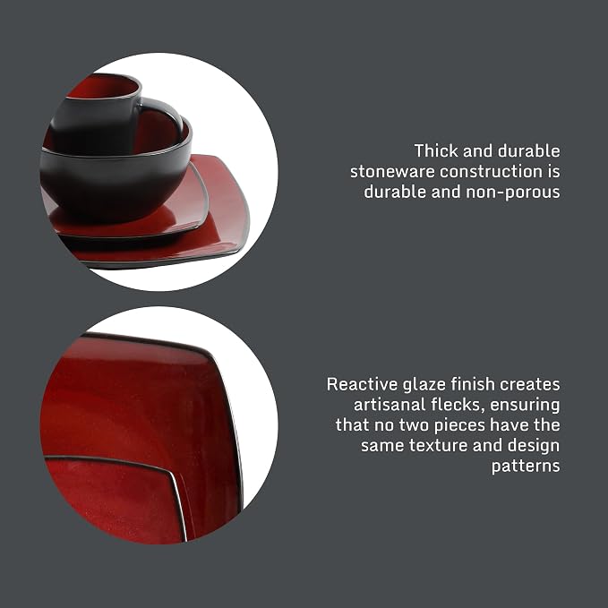 Gibson Elite Soho Lounge Square 16-Piece Dinnerware Set, Service for 4, Reactive Glaze Stoneware Plates and Bowls, Modern Dishes, Microwave & Dishwasher Safe – Red and Black - Image 4