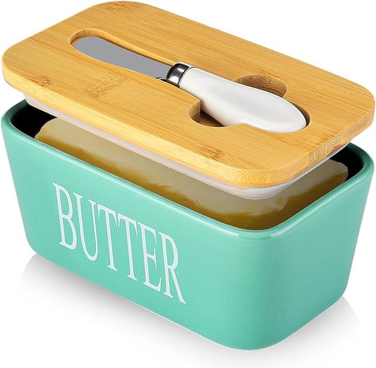Ceramic Butter Dish with Lid and Knife & Silicone Seal for Countertop Green | Suitable Capacity, Great Sealing, Home Decor Kitchen Gift Housewarming Gift by AISBUGUR