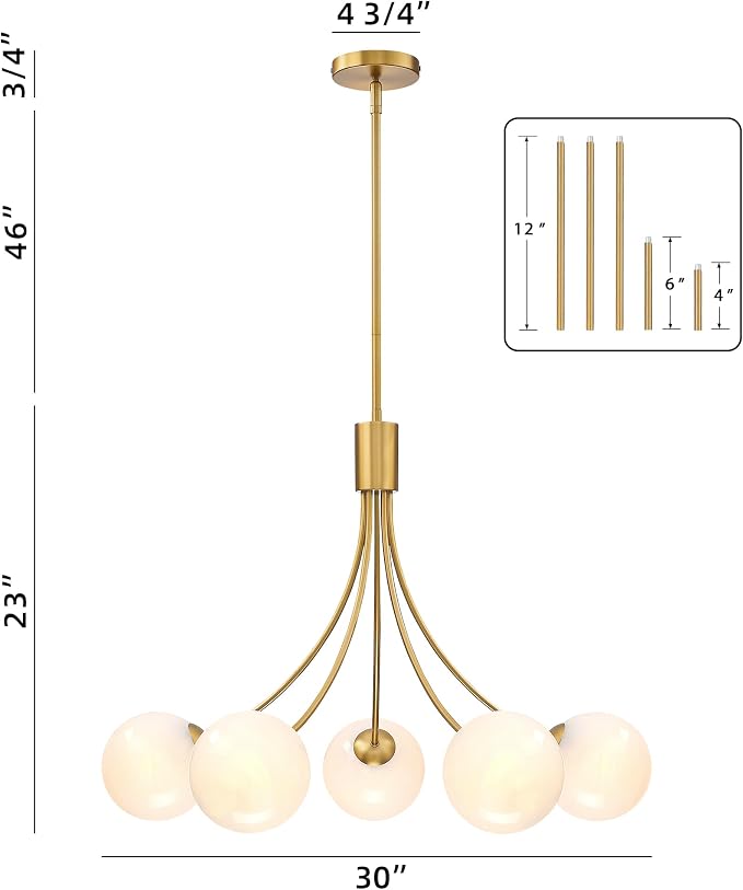 Bubble Chandelier, Modern Sputnik Dining Room 5-Light Chandelier with Gold Finish and Glass Globes for Kitchen Bedroom Foyer and Living Room - Image 3