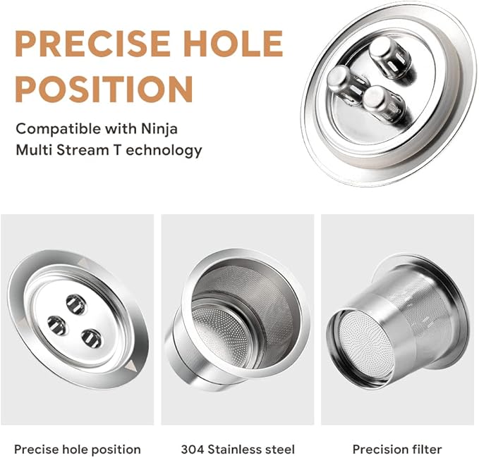 Stainless Steel Reusable Ninja K Cups Pods Compatible with Ninja CFP201 CFP301 Dual Brew Pro Machine 3 Hole Refillable Coffee Pods Permanent K Cups Filters Coffee Accessories