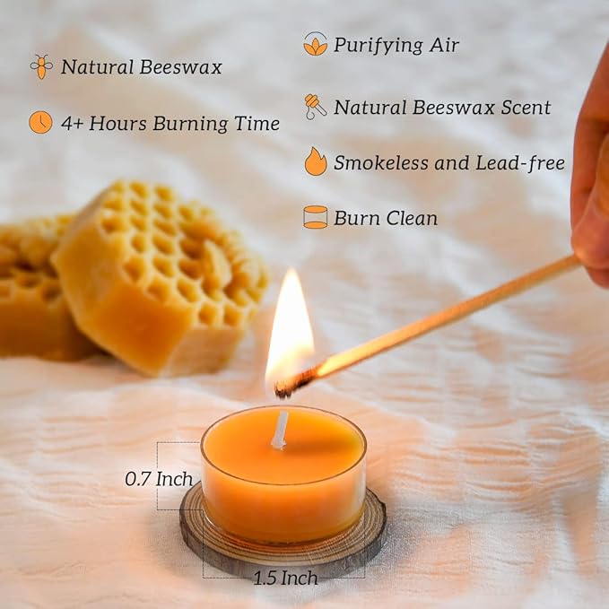 16PCS Pure Beeswax Tealight Candles, Natural Scent, Clear Cup