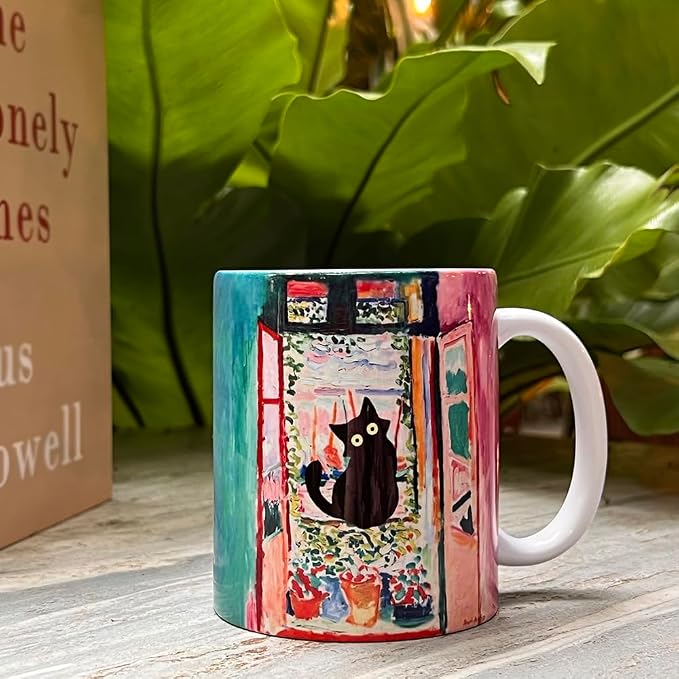 Famous Art Paintings Funny Cat Coffee Mug for Artist Art Lover Teacher Cat Lovers, Famous Picture Classic Vincent Aesthetic Canvas Mug Birthday Gift for Women Man (Open Window) - Image 4