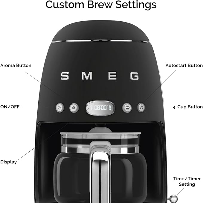 Smeg 50's Retro Style Aesthetic Drip Coffee Machine with 10 Cup Glass Carafe, Auto Start Feature, Keep Warm Plate, and Two Coffee Strength Settings (Matte Black) - Image 4