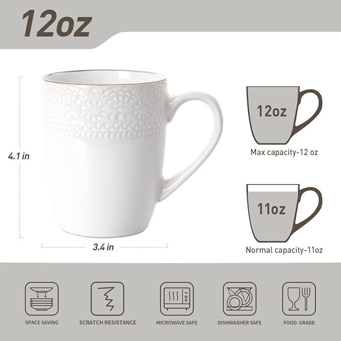famiware Coffee Mugs Sets for 6, 12 oz Mug Set, Coffee Cups with Handle for Coffee, Tea, Cocoa and Milk, Microwave and Dishwasher Safe, White Floral - Image 3