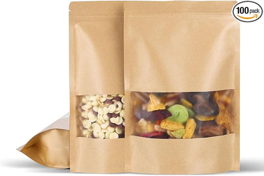 Kraft Paper Bags with Transparent Window, Stand Up Pouches Smell Proof Bags | 100 Pcs 6x9 Inch Resealable Bags for Small Business, Zipper. Food Storage, for Packaging Snacks Cookies Candy by Motomy
