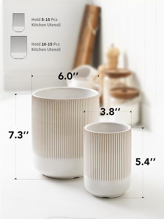 LE TAUCI Utensil Holder for Kitchen Counter, 7.3"+5.4" Fluted Ceramic Utensil Crock Organizer for Countertop, Heavy Large Holder for Spatulas, Spoons, Set of 2, Warm White Glaze - Image 6