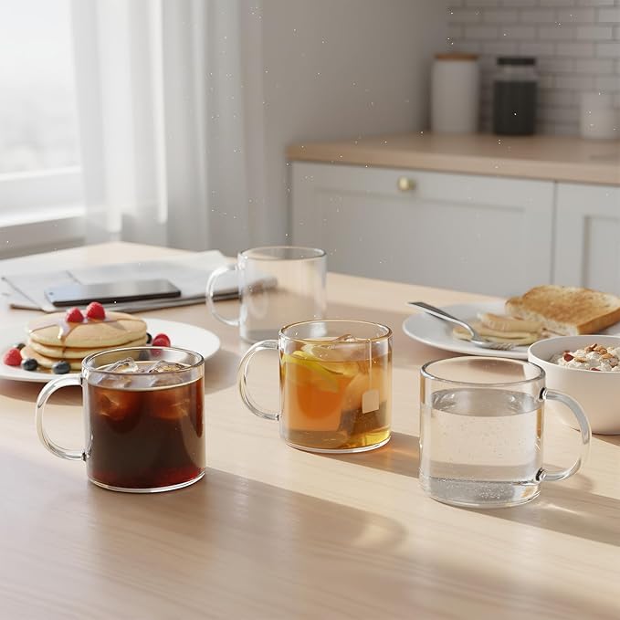 Aquach 12oz Glass Mugs Set of 4, Clear Borosilicate Cups with Handle | Dishwasher/Microwave Safe, 3.5mm Thick, Single-walled, Smooth Rim, Stable Flat Base, Fits Hot/Cold Brews - Image 2