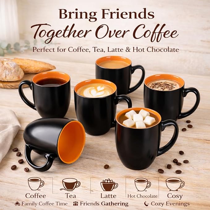 GBhome 16oz Coffee Mugs Set of 6, Large Ceramic Coffee Mugs for Man, Woman, Dad, Mom, Modern Coffee Mugs Set with handle for Tea/Latte/Cappuccino/Milk/Cocoa. Dishwasher&Microwave Safe,Orange - Image 8