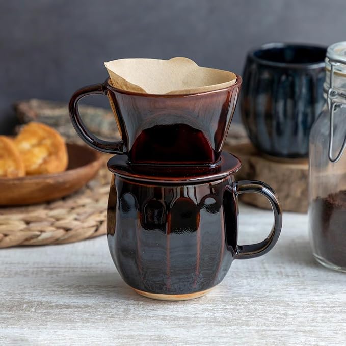 Asayu Japan Ceramic Coffee Pour Over Maker Set in Chocolate Brown, Slow Brewing Paper Filter Holder and Dripper with 3 Holes for Coffee and Tea (Accessory Ceramic Mug)