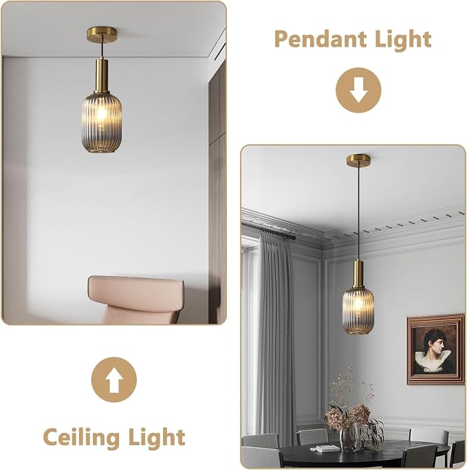 KCO Farmhouse Small 5.1” Smoke Gray Ribbed Cylinder Glass Pendant Light | E26 Bulb Hardwired, Adjustable Cord MCM Vintage Ceiling Hanging Lamp for Sloped Ceiling Kitchen Island Dining Room Bedroom - Image 3