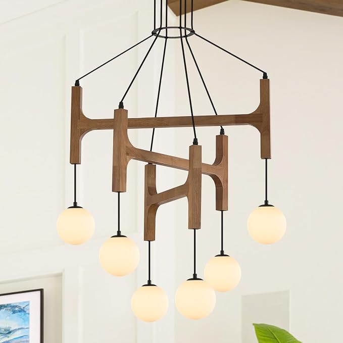 Farmhouse L28 '' Wooden Chandeliers with Milk Glass Globes Lampshades, Rustic Oak Mid Century Long Pendant Chandelier Light Fixture 6-Light for Foyer Living Dining Room Bedroom Kitchen,G9 by PoemoonLighting