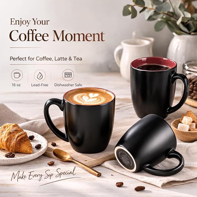 GBhome 16oz Coffee Mugs Set of 6, Large Ceramic Coffee Mugs for Man, Woman, Dad, Mom, Modern Coffee Mugs Set with handle for Tea/Latte/Cappuccino/Milk/Cocoa. Dishwasher&Microwave Safe,Red - Image 4