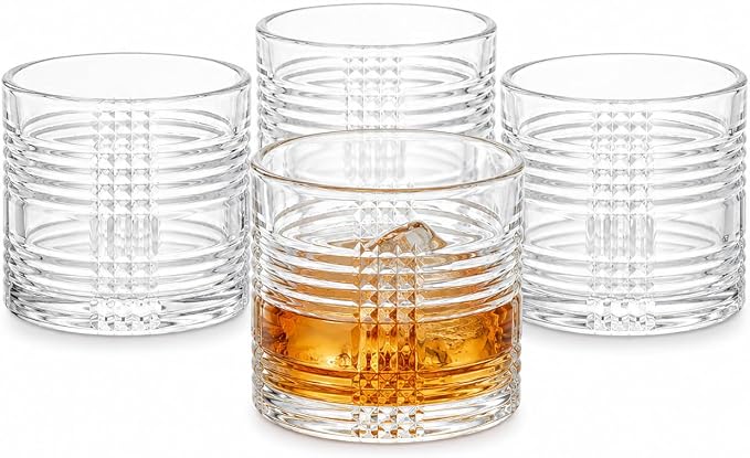 Old Fashioned Whiskey Glasses Set of 4, 14 oz Rocks Glasses, Heavy Base Scotch Bourbon Cocktail Tumblers, Ribbed Plaid Textured Drinking Glasses, Clear Lowball Glassware, Dishwasher Safe - Image 8