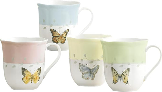 Lenox Coffee Mug Set, Butterfly Meadow Colors 4-Piece Mug Set, Service for 4, White Porcelain Mugs, 10 Oz Capacity, Microwave & Dishwasher Safe, Ceramic Mugs, Coffee Cups, Tea Cup (Assorted, 4 Piece) by Lenox