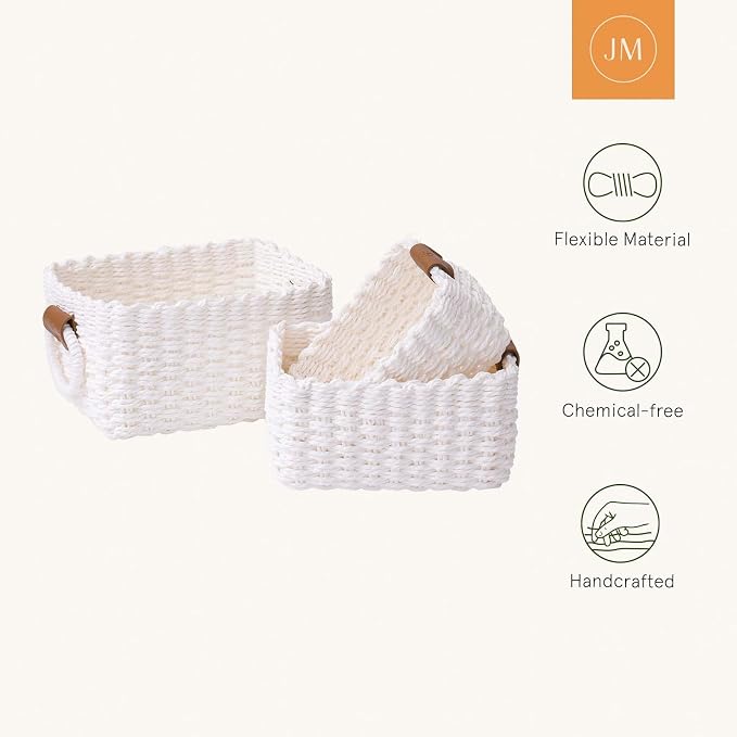 LA JOLIE MUSE Small Wicker Baskets for Organizing, White 3 Pack | Decorative Organizer with Vegan Leather Tag, Round Handle, Storage Baskets for Shelves, Bedroom, Kitchen, Office and Home - Image 5