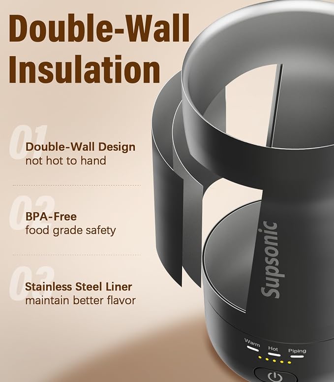 Supsonic - 14oz Heated Coffee Mug, Self-Heating Travel Mug with 3-Temp Settings, Insulated Stainless Steel Constant Temperature Heating Mug for Beverage, Smart Heating Portable Coffee Mug | S1 - Image 6
