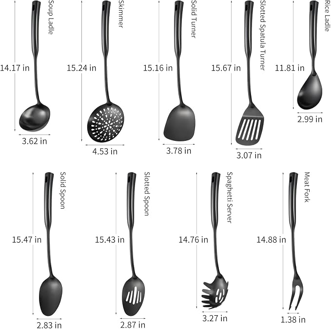 304 Stainless Steel Kitchen Cooking Utensils Set - 9 PCS Serving Utensils, Include Skimmer, Soup Ladle, Spaghetti Server, Wok Spatula, Slotted & Solid Spoon, Slotted Spatula Turner, Meat Fork (Black） - Image 3