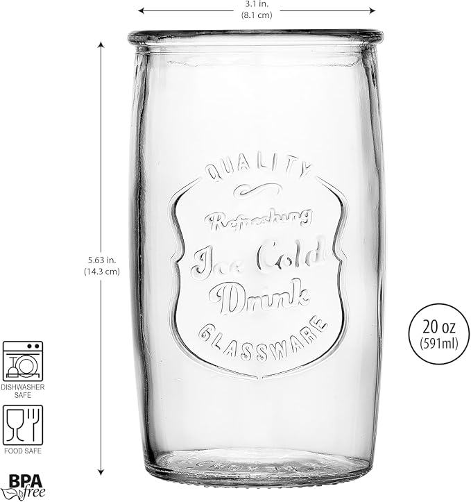 Glaver's Set of 8 Highball Glass Cups 20 OZ Stemless Tall Drinking Glasses For Everyday Use, Vintage Ice Cold Logo Tumbler Glassware for Bar, Juice, Cocktails, Beer, Water glasses. - Image 3