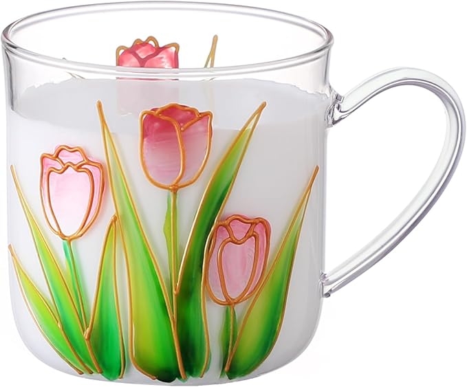 12oz/350ml Hand Painted Glass Cups With Handle,Clear Glass Coffee Cups,Coffee Glasses For Hot Beverages,Clear Mugs (Tulip)