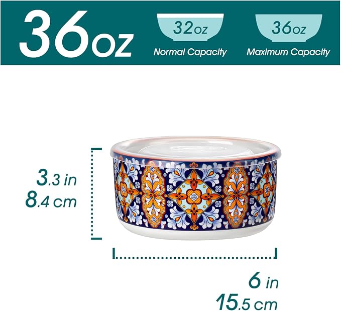 vancasso SIMI 36 oz Ceramic Bowls with Lids Set of 4,Bohemian Serving Bowl | 6 Inch Food Storage Containers Prep Bowls for Leftovers, Soup, Cereal, Meal Prep, Office Lunch, Microwave & Dishwasher Safe - Image 2