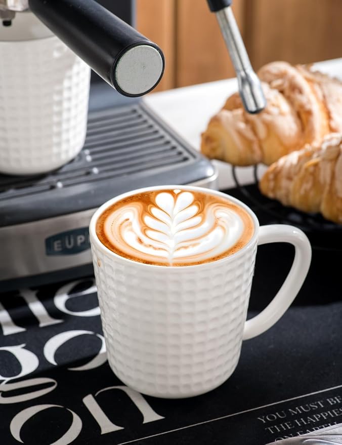15 oz Ceramic Coffee Mugs Set of 6, White Waffle Embossed Coffee Cups | Coffee Cups with Large Handle, Coffee Mugs for Latte, Cappuccino & Hot Cocoa, Dishwasher & Microwave Safe, Housewarming Gift - Image 6