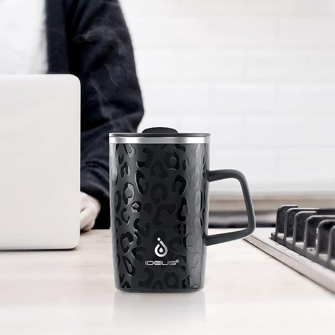 Ideus 16 oz Insulated Stainless Steel Coffee Mug with Lid, Leopard Black | Perfect for home, office, or daily use| Easy to clean wide mouth| Sweat-proof| On the go - Image 7