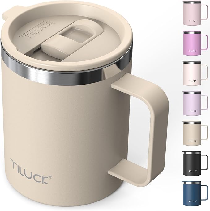 TILUCK 12 oz Insulated Coffee Mug with Lid and Handle | BPA-Free Lid, Double-Wall Vacuum Insulation, Stainless Steel Coffee Cup, Dishwasher Safe Mug for Hot & Cold Drinks, MistyGray by TILUCKBringsGoodLuck