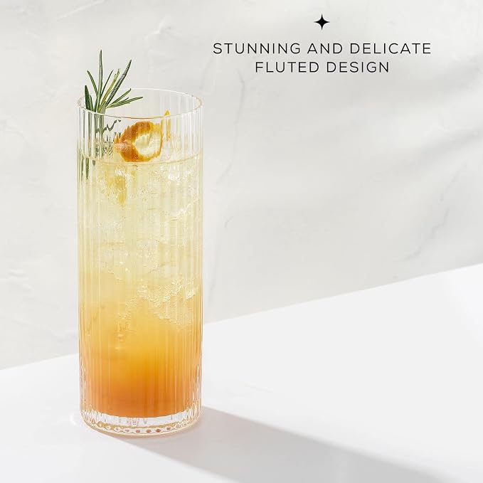 JoyJolt Elle 16oz Fluted Highball Glasses Set of 2, Ribbed Tall Cocktail Tumblers for Gin Juice Water, Vintage Style Drinking Glasses - Image 4