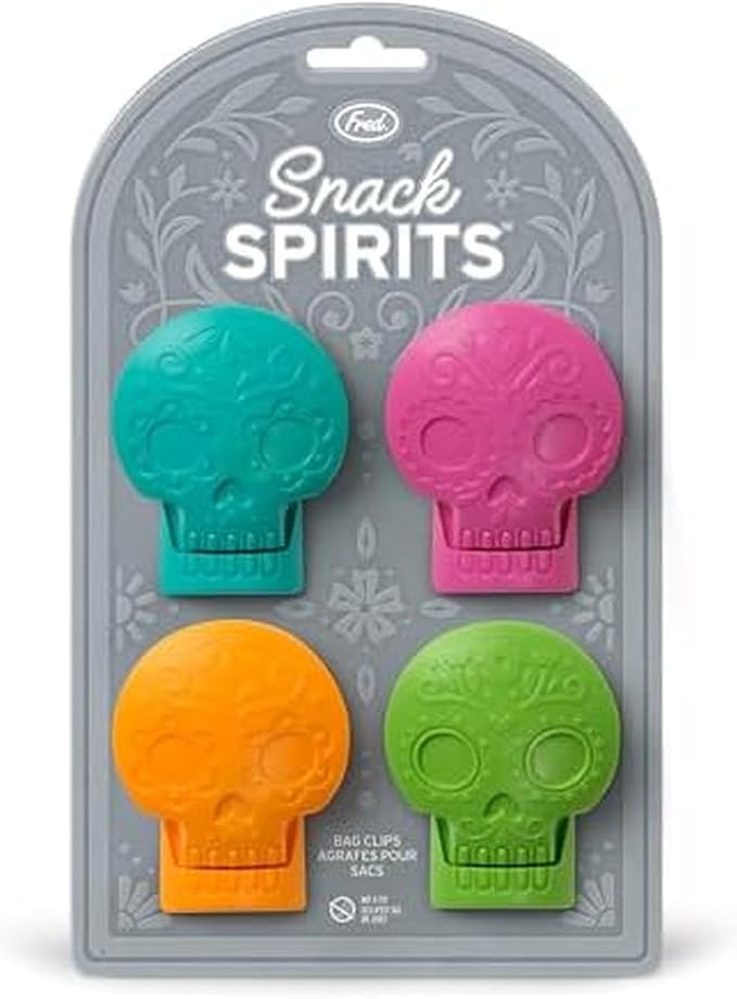 Genuine Fred SNACK SPIRITS Bag Clips, Set of 4, Molded Day of the Dead skull design, Dio de los Muertos, Colorful Calaveras, Bag Clips for food storage by GenuineFred