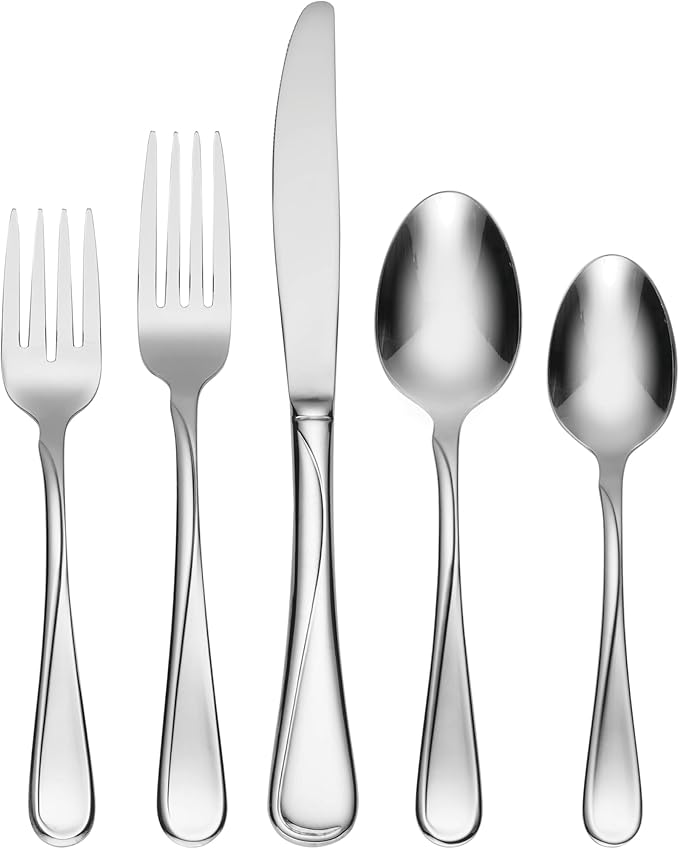 Oneida Flight 65-Piece 18/0 Silverware Set for 12, Flatware | mirror finish, dishwasher safe | includes serving spoons and utensil set | cutlery set, wedding silverware by Oneida