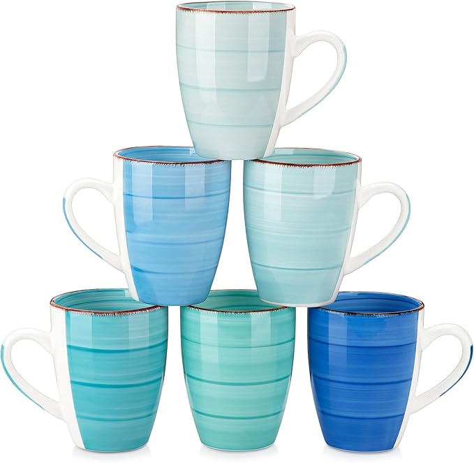 vancasso Bonita 16 Oz Large Coffee Mugs Set of 6, Ceramic Coffee Cups for Cappuccino, Latte, Tea, Cocoa, Blue by vancasso