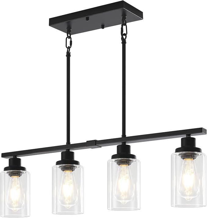 Modern Island Lights for Kitchen Black Dining Room Light Fixtures | 30'' Linear Chandelier Over Table, 4-Light Farmhouse Kitchen Island Lighting Clear Glass Shades, Adjustable Height - Image 6