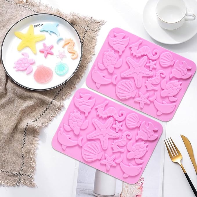 Newk Marine Themed Silicone Mold, Pack of 4, Seasell, Conch, Seahorse, Starfish, Tortoise Silicone Mold for Fondant, Hard Candy, Cake Decoration, Resin, Pendants