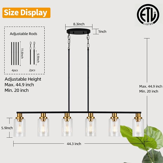 Island Light for Kitchen, 6-Light Farmhouse Dining Room Light Fixture with Clear Glass Shade, 44.3'' Matte Black and Gold Linear Chandelier Pendant Lighting for Dining Table Kitchen Living Room - Image 2