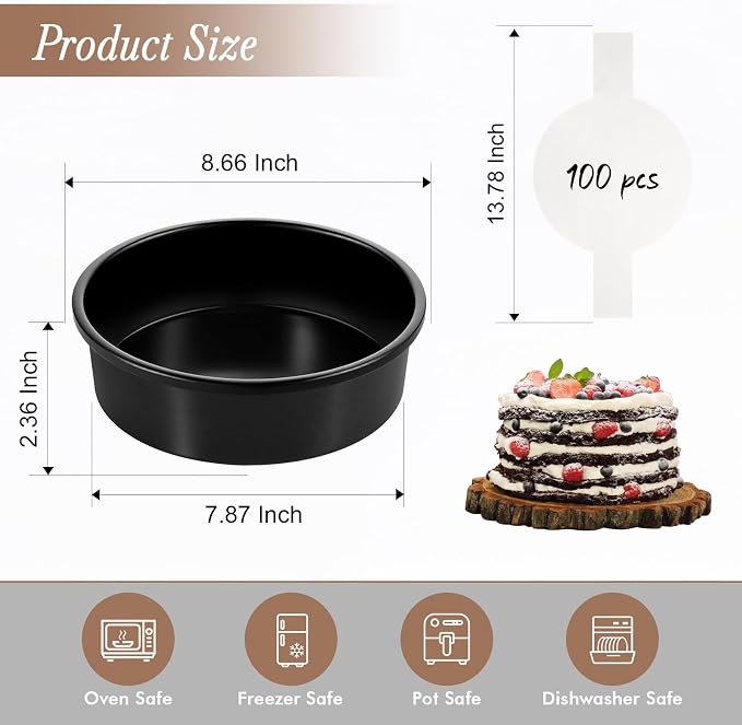 AIVIKI 8-Inch Round Cake Pan Set of 3, Nonstick Smash Cake Baking Pans Tins with 100 Pieces Parchment Paper, Carbon Steel Bakeware for Birthday Christmas, Oven & Dishwasher Safe - Image 2