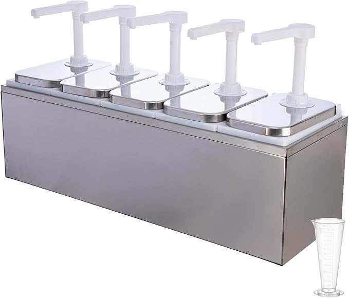 10.57 Quart Condiment Dispenser Pump,Syrup Pump Dispenser with Measuring Cup, Large Capacity Detachable Leak-Proof Design for Sauce, Honey, Syrup,Soy Sauce,Mustard,Cheese (2.11 QT, 5 pumphead)