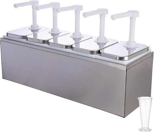 10.57 Quart Condiment Dispenser Pump,Syrup Pump Dispenser with Measuring Cup, Large Capacity Detachable Leak-Proof Design for Sauce, Honey, Syrup,Soy Sauce,Mustard,Cheese (2.11 QT, 5 pumphead)