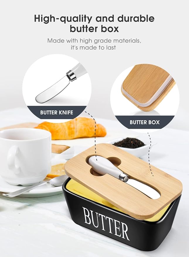 Ceramic Butter Dish with Lid and Knife & Silicone Seal 400ml 2 Pack Black | Suitable Capacity, Great Sealing, Home Decor Kitchen Gift Housewarming Gift - Image 4
