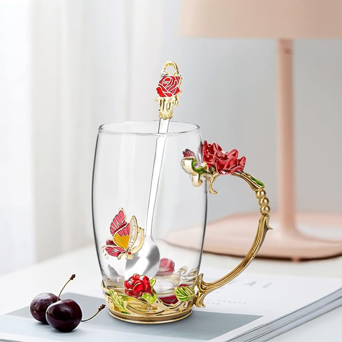 OEAGO Gifts for Women Mom Mothers Tea Cup Best Birthday Butterfly Rose Gifts for Her from Daughter Son Glass Coffee Christmas Enamels Mug Lead-Free with Spoon Set - Image 4