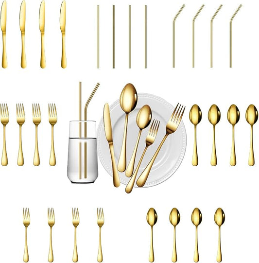 28 Pieces Gold Silverware Service for 4 Flatware Set Stainless Steel Utensils Cutlery Set Dishwasher Safe Flatware (Gold, 28) by Gutuwellea
