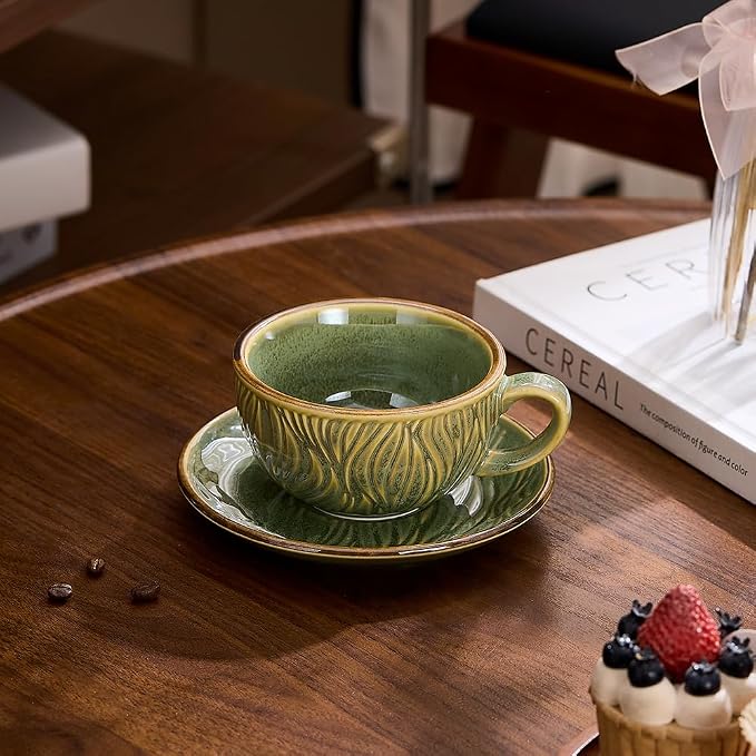 Coffeezone Vintage Design 12 oz Ceramic Latte Art Cappuccino Barista Cup with Saucer (Wave Green) - Image 2