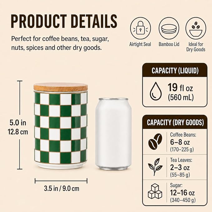Kitchen Countertop Ceramic Checkered Canisters,Black And White Food Storage Containers With Lid,Airtight Kitchen Canisters for Flour, Sugar, Coffee, Tea, and Dry Goods (Green, Small) - Image 2